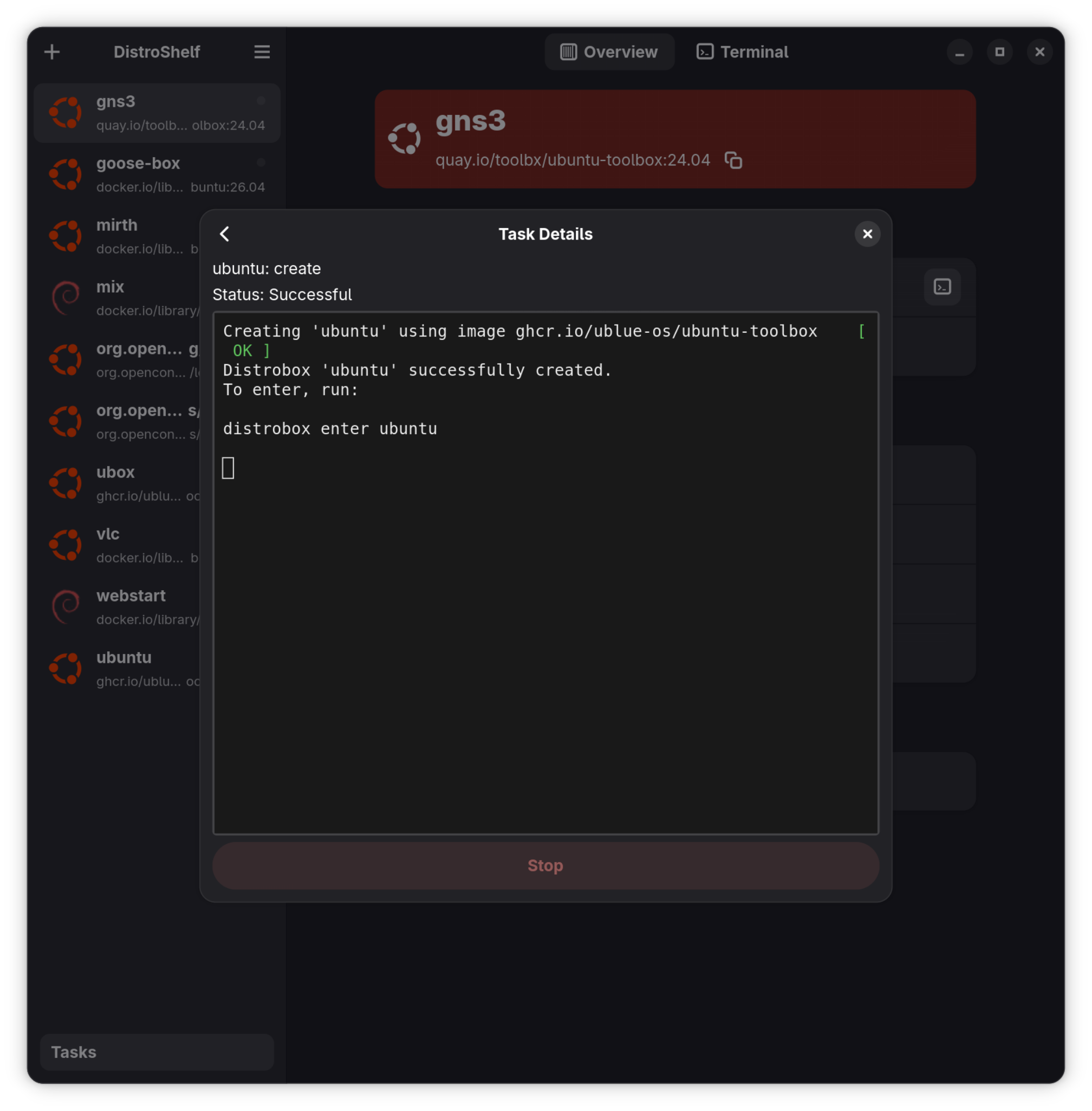 Task details showing the ubuntu container was created successfully