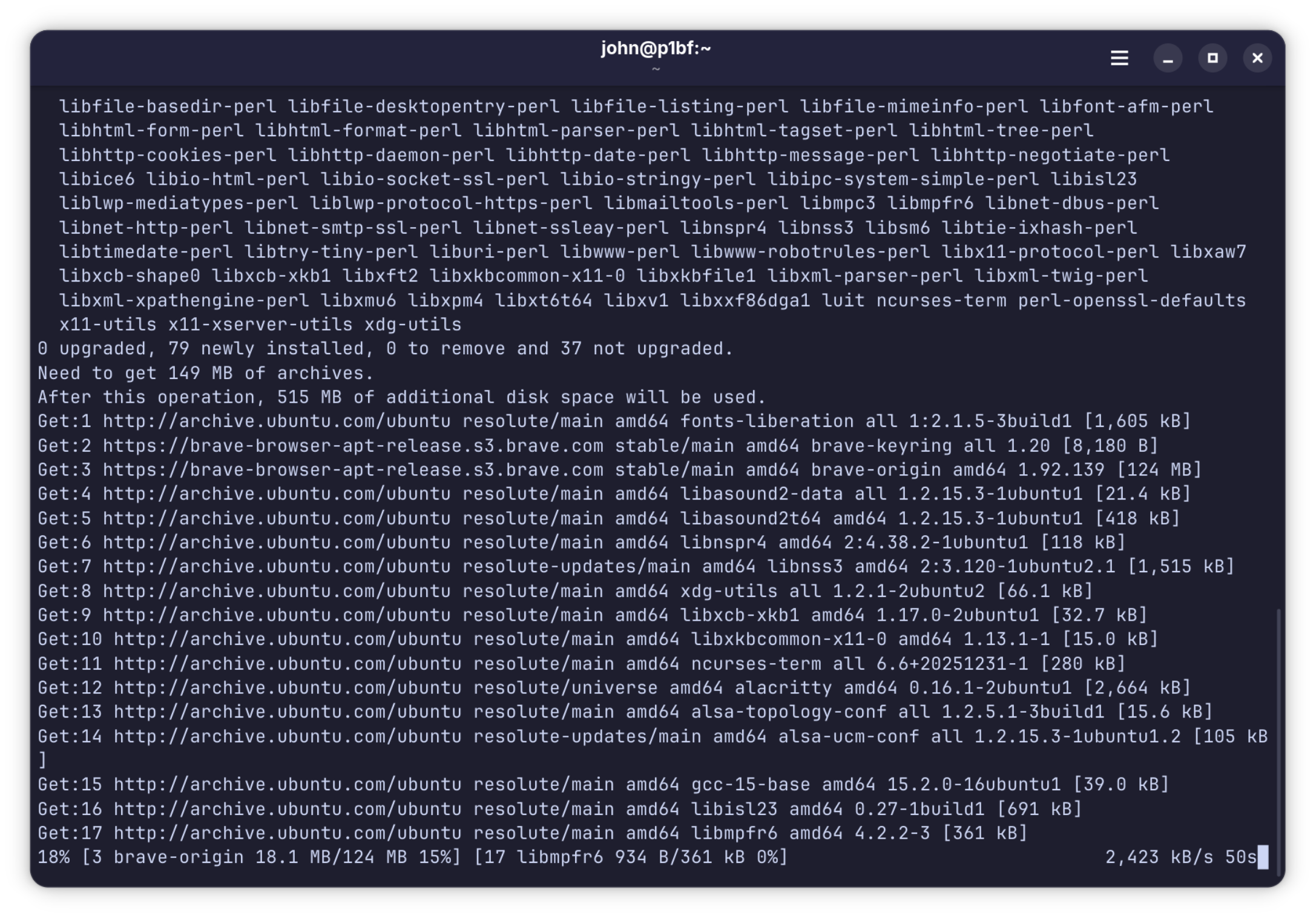 apt downloading the brave-origin package and dependencies