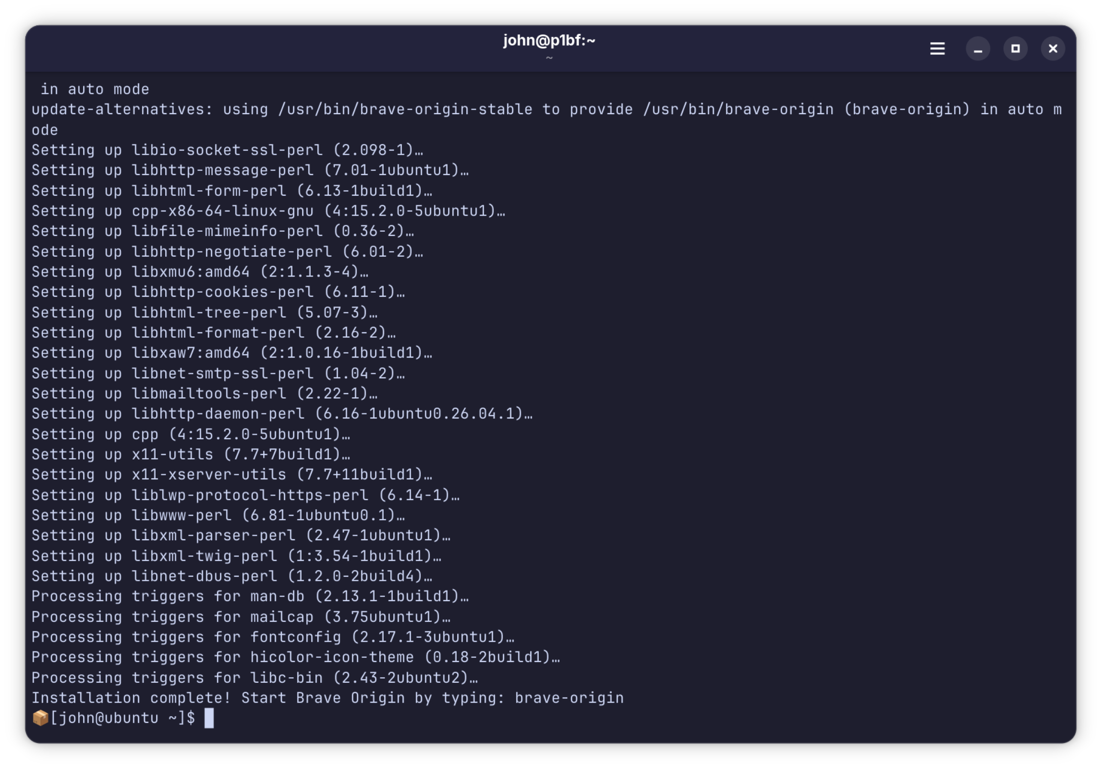 Installation complete message: Start Brave Origin by typing brave-origin