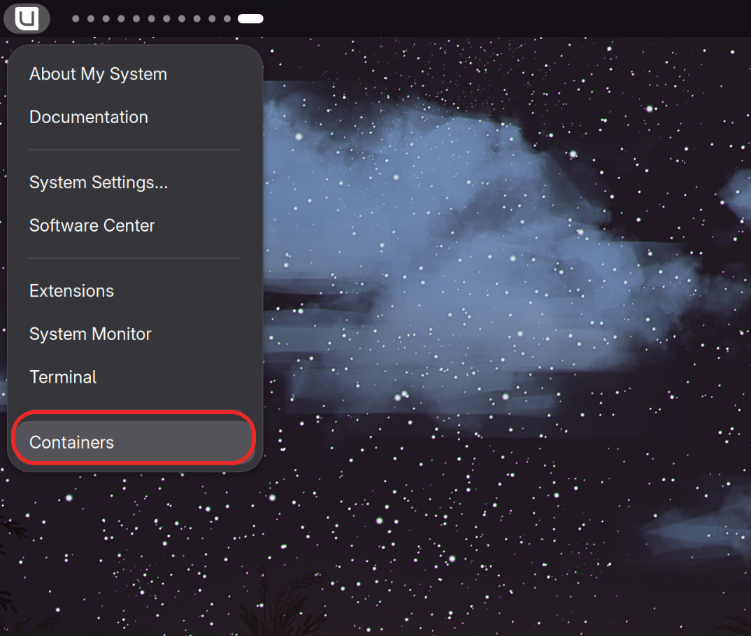 The Bluefin system menu with the Containers entry highlighted