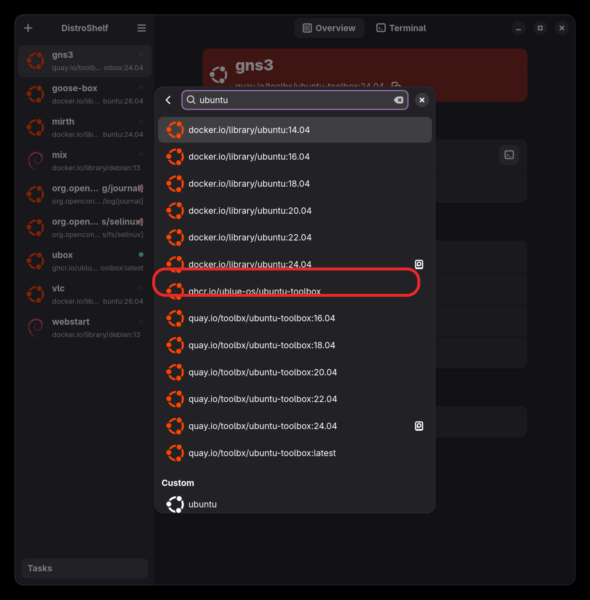 The base image picker in DistroShelf, filtered to ubuntu images, with the ublue-os ubuntu-toolbox entry circled