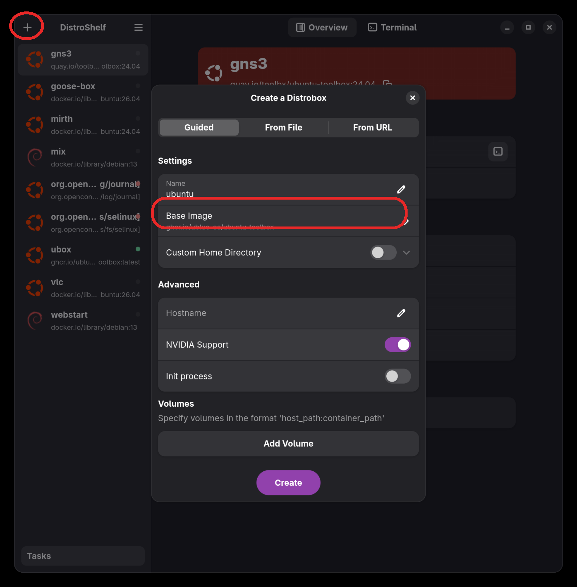 The Create a Distrobox dialog with the plus button and Base Image row circled