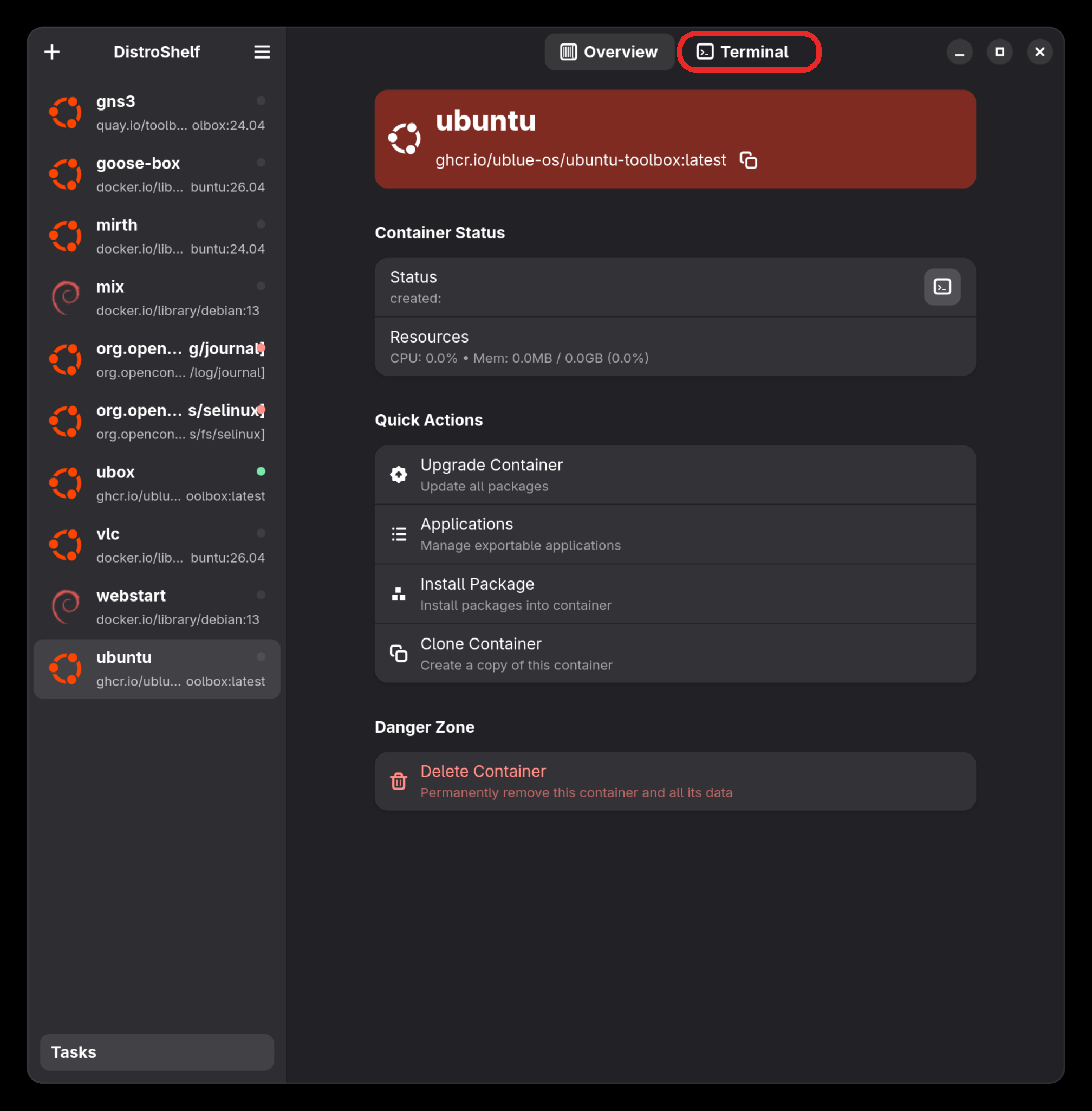 The DistroShelf overview for the ubuntu container with the Terminal button circled