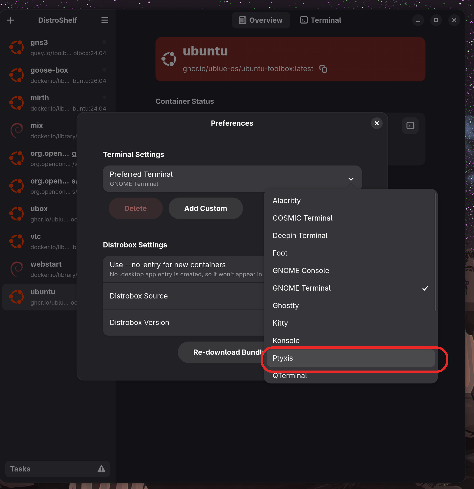 DistroShelf preferences with the preferred terminal dropdown open and Ptyxis circled