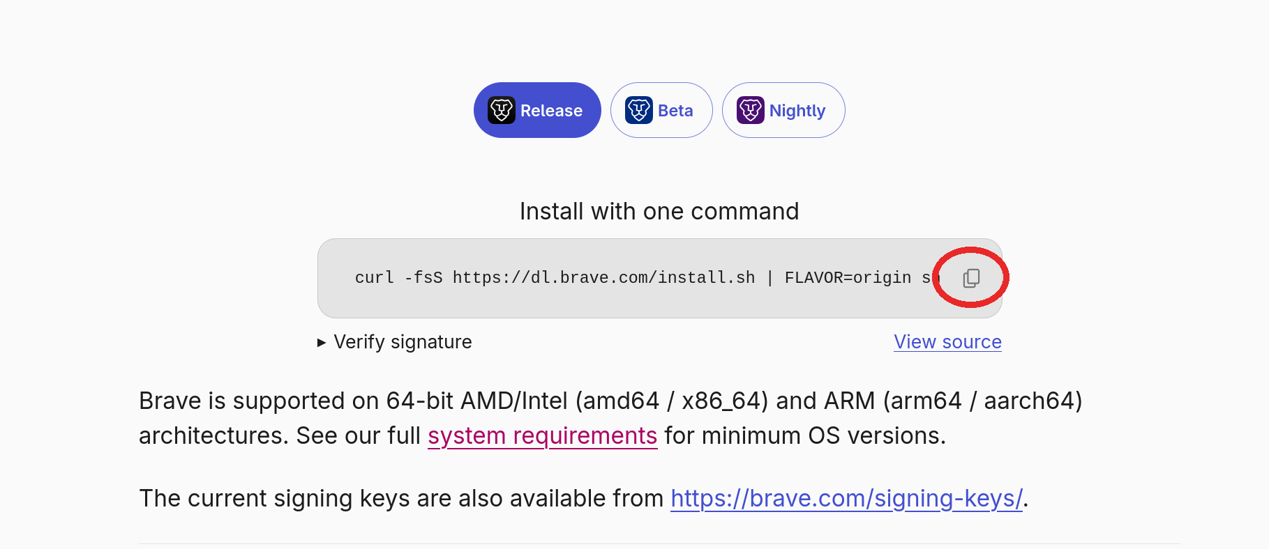 Brave's Linux download page showing the one-command install, with the copy button circled